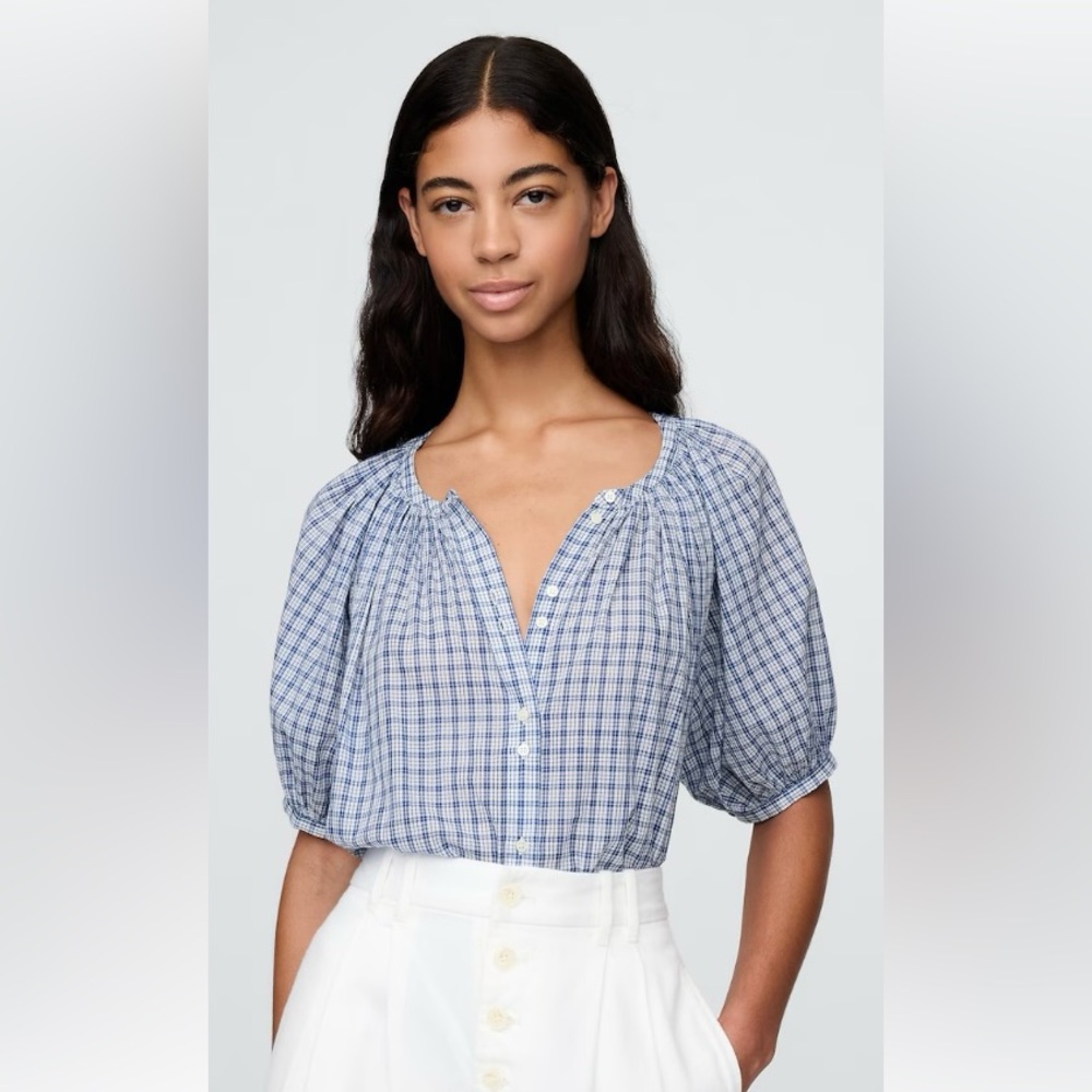 Doen x Gap Gingham Puff Sleeve Peasant top, xs